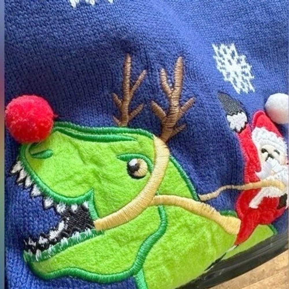 Joyland T-Rex Santa Ugly Christmas Sweater Unisex XL Blue Snowflake Dinosaur - Picture 4 of 6